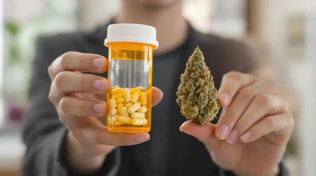 Cannabis tincture and antibiotics displayed together to represent potential interactions with THC.