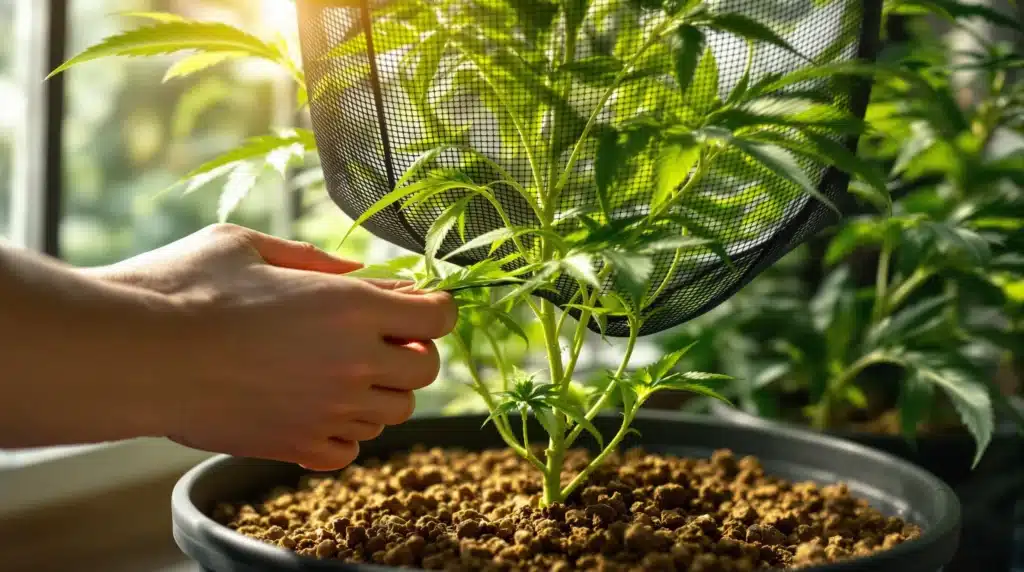 A grower adjusts a SCROG net on a cannabis plant for optimal growth