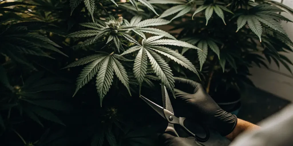 Hyper-realistic close-up of gloved hands using scissors to trim an indoor autoflower cannabis plant.