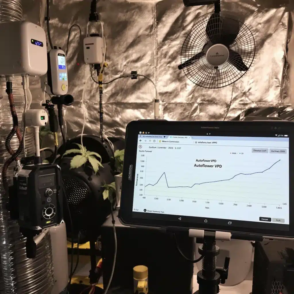 High-tech cannabis grow room with autoflower VPD chart monitoring on a tablet.