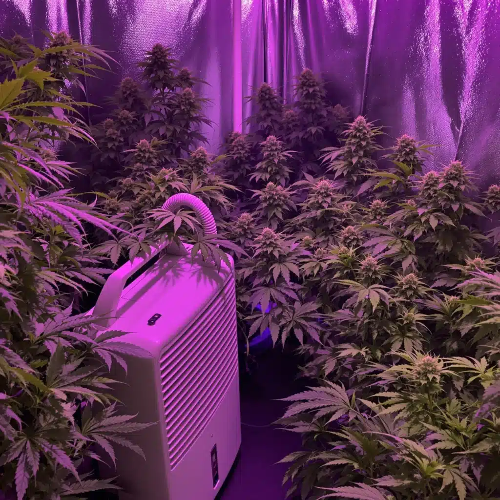 Grow room with cannabis plants and dehumidifier to manage humidity and prevent mold