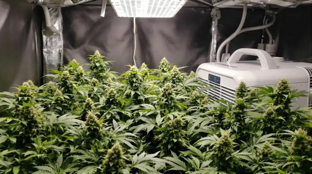 Cannabis strains in grow tent with dehumidifier maintaining ideal humidity levels.