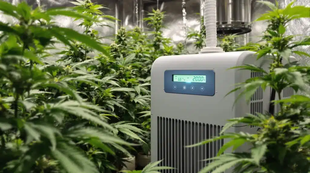 High-capacity dehumidifier in grow room, ensuring optimal humidity for cannabis plants.