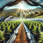 Light deprivation cannabis greenhouse with vibrant plants under controlled shading, surrounded by scenic hills and natural light