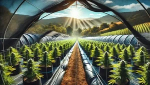Light deprivation cannabis greenhouse with vibrant plants under controlled shading, surrounded by scenic hills and natural light