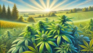 Thriving cannabis plants in a sunlit Minnesota field with scenic rolling hills and vibrant greenery under a clear blue sky