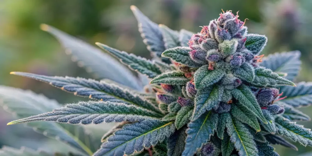 Close-up of Blue Cookies cannabis buds with a frosty coating and vibrant purple hues, illuminated by natural light.