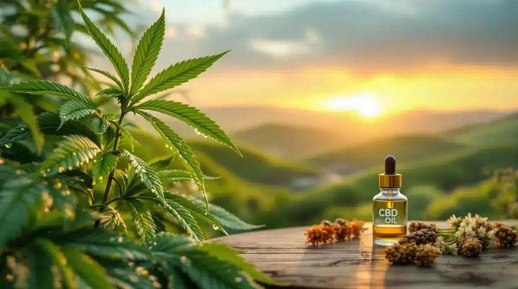 CBD oil bottle placed next to a cannabis plant with droplets on its leaves, representing natural remedy.