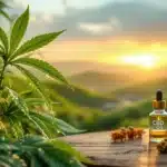 CBD oil bottle placed next to a cannabis plant with droplets on its leaves, representing natural remedy.