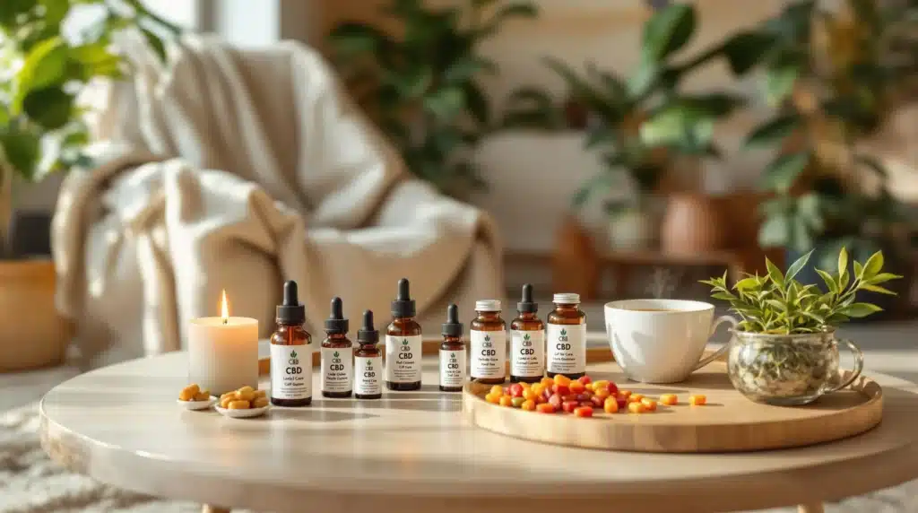 Various CBD oil bottles and supplements on a table for acid reflux treatment.