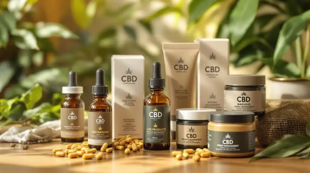 Various CBD products, including oils and creams, for hemorrhoid relief and health management.