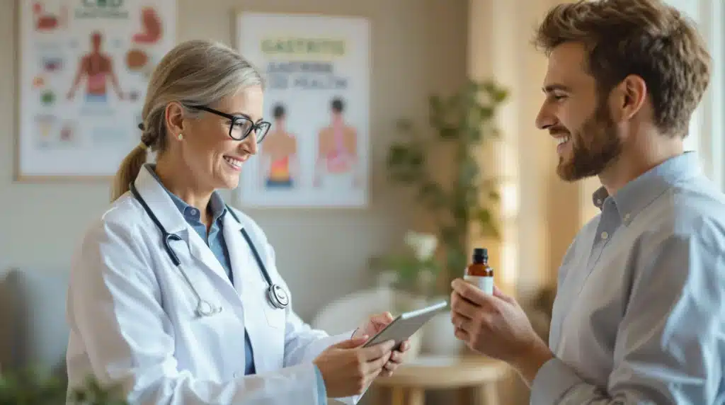 A doctor consulting with a patient holding CBD oil, with gastritis posters in the background.