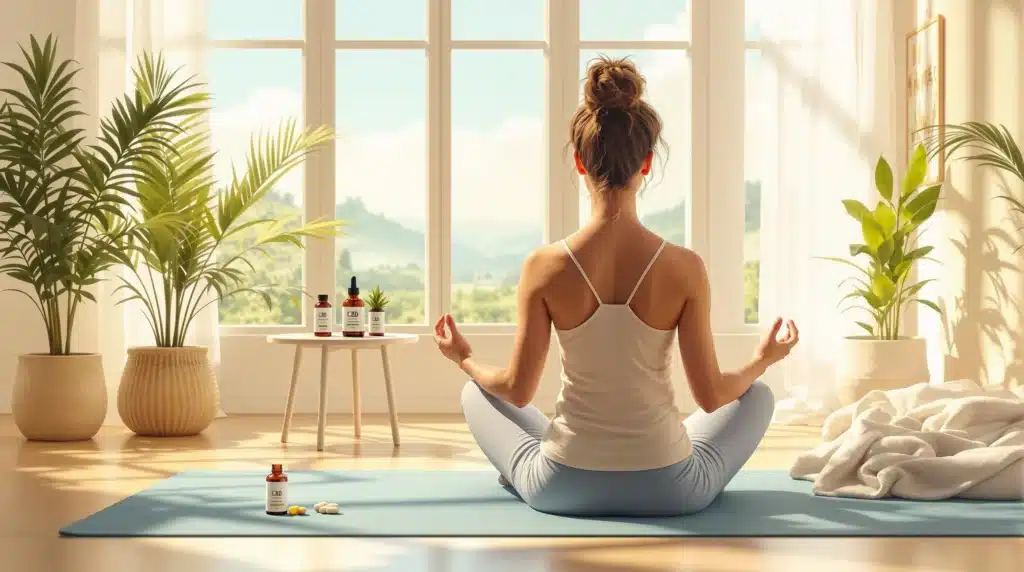 A person practicing yoga with CBD products in the background, promoting wellness for gastritis relief.