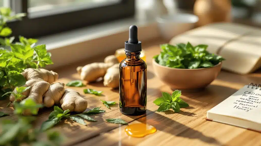 CBD oil bottle surrounded by fresh mint and ginger, natural remedies for acid reflux.