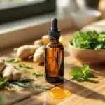 CBD oil bottle surrounded by fresh mint and ginger, natural remedies for acid reflux.