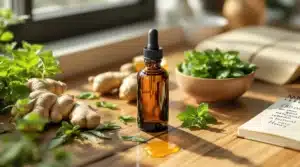 CBD oil bottle surrounded by fresh mint and ginger, natural remedies for acid reflux.