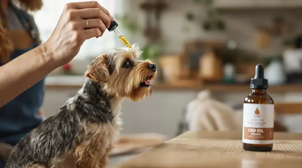 A dog receiving CBD oil for anxiety relief, promoting calmness.