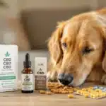 A dog sniffing CBD treats and oil, ideal for stress relief.