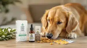 A dog sniffing CBD treats and oil, ideal for stress relief.