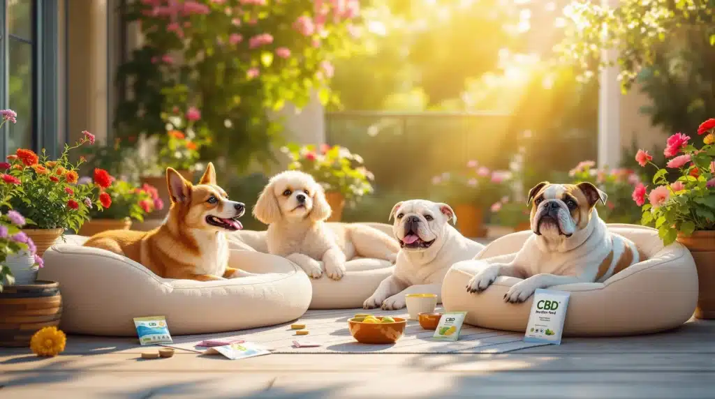 Dogs relaxing with CBD treats, helping anxiety relief naturally.