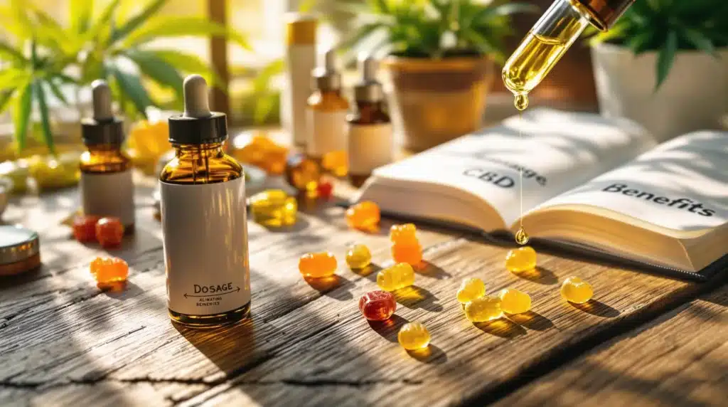 CBD oil and gummies on a table next to a book about CBD's benefits for gastritis.