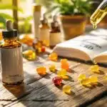 CBD oil and gummies on a table next to a book about CBD's benefits for gastritis.