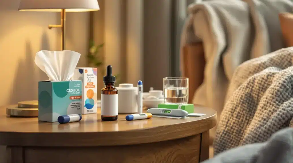 A bedside table with CBD oil, flu medication, and health items during flu season.