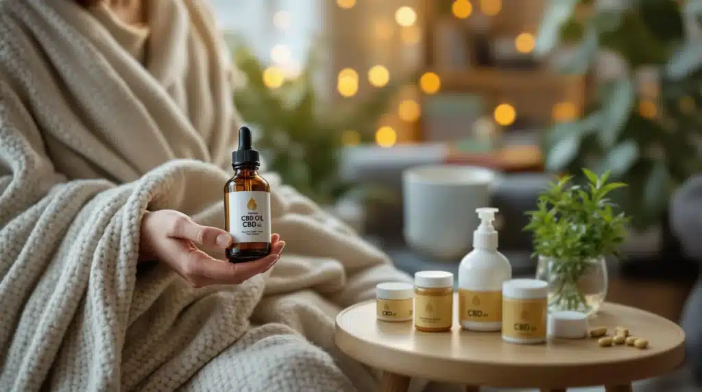A person holding CBD oil, surrounded by other CBD products, in a cozy, healing environment.