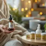 A person holding CBD oil, surrounded by other CBD products, in a cozy, healing environment.