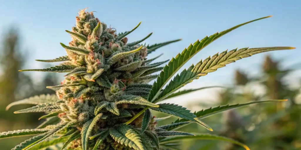 Cannabis plant with dense, frosty buds and green leaves, set against the bright outdoor sunlight.