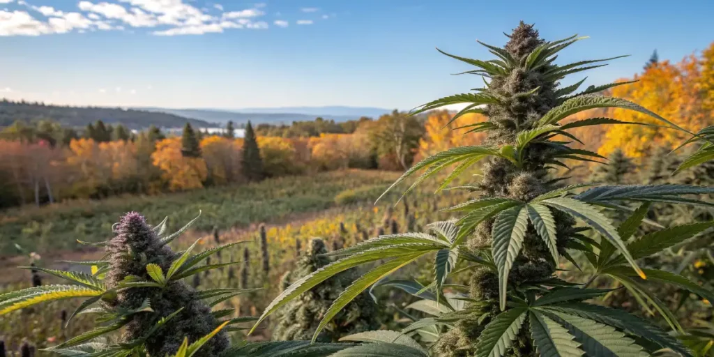 Cannabis bud with frosty trichomes and purple pistils in the foreground, with an autumnal landscape in the background.