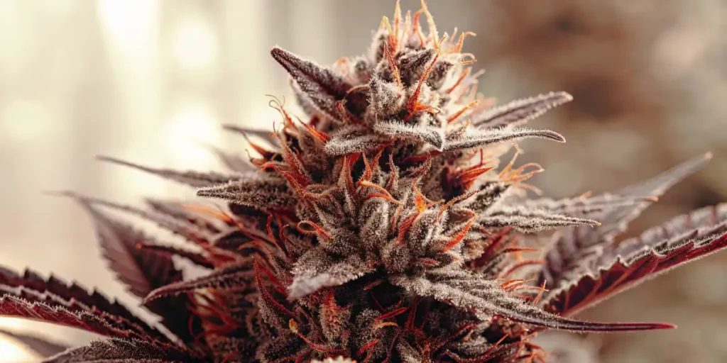 Close-up of a frosty cannabis bud with purple hues and orange pistils.