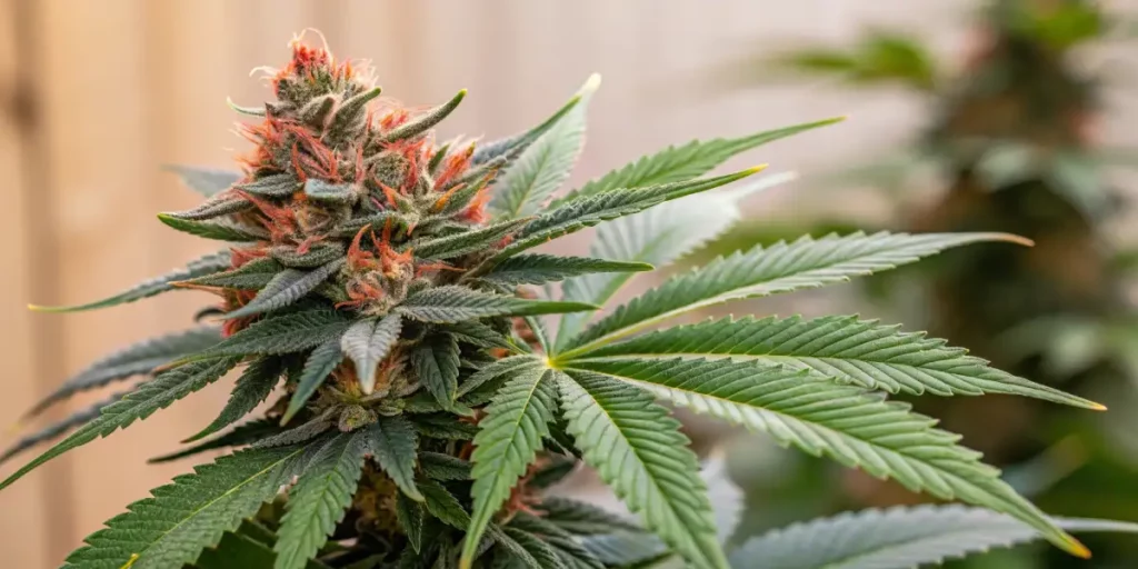 Cannabis bud with red pistils and frosty trichomes, growing in a well-lit environment.