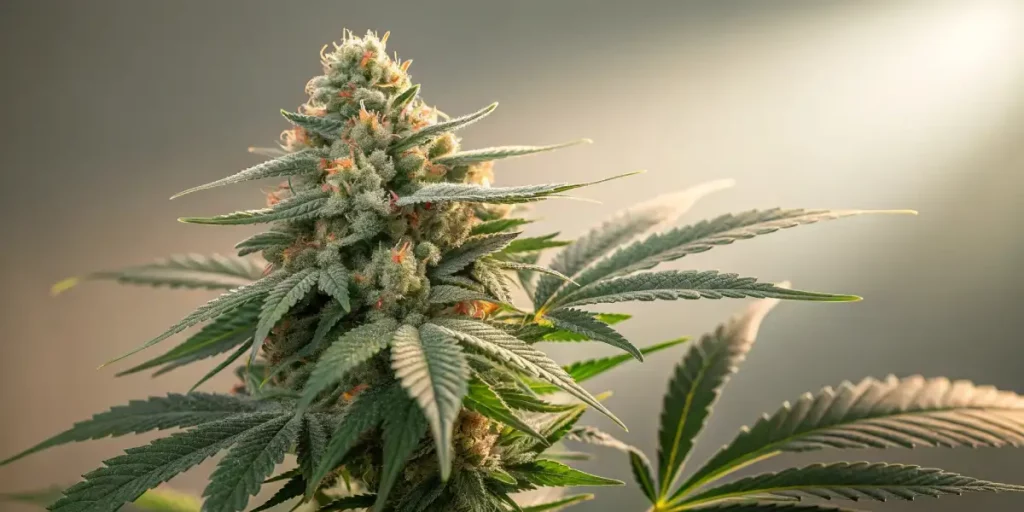 Close-up of a cannabis bud with frosty trichomes and orange pistils, illuminated by sunlight.