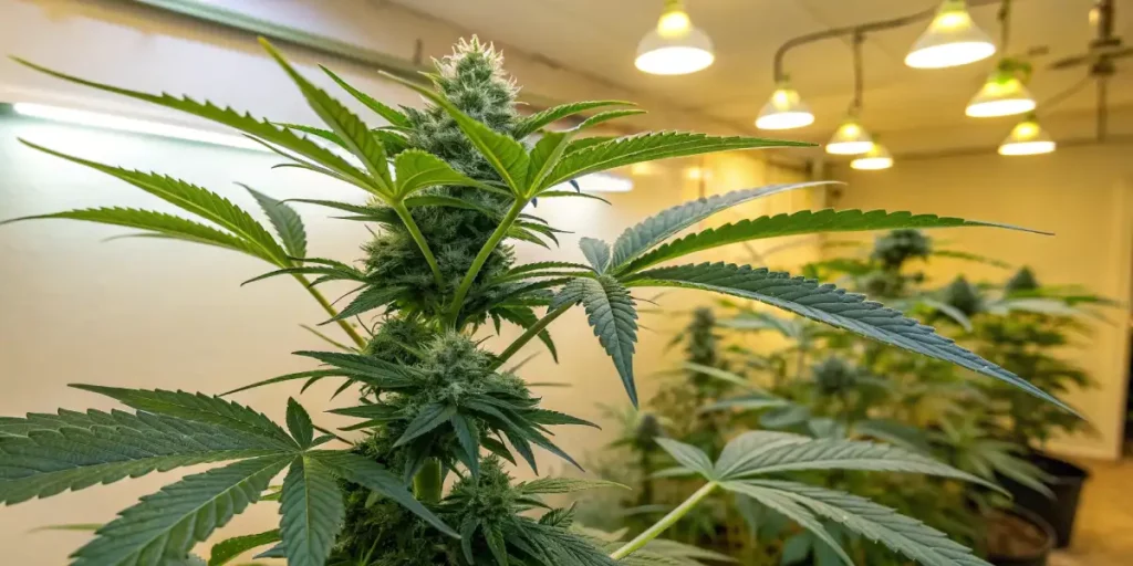 Close-up of cannabis plant growing under LED lights, with large buds and healthy green leaves.