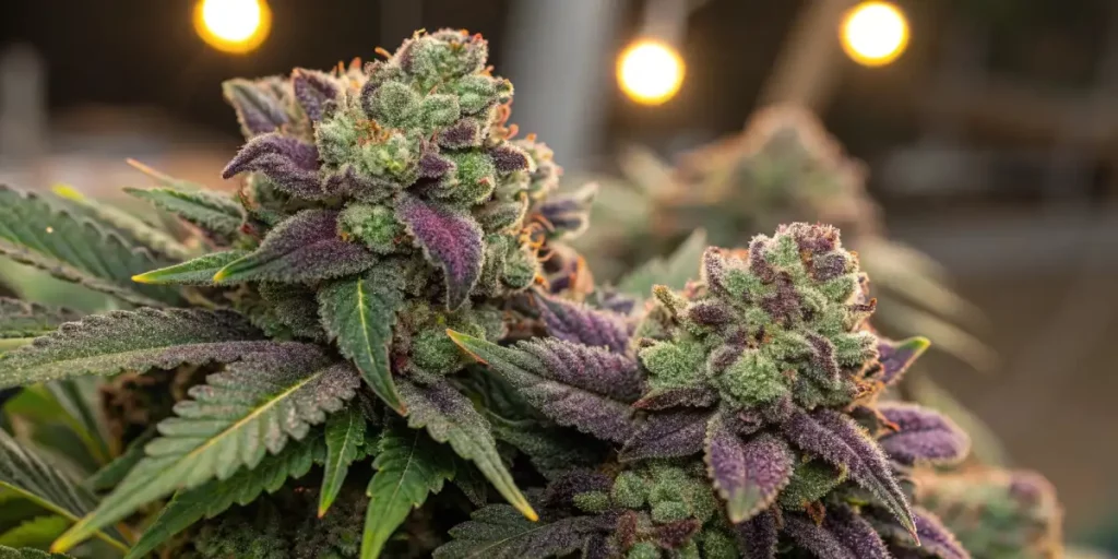 Cannabis buds with purple and green hues, illuminated by warm night light, highlighting trichomes.