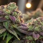 Cannabis buds with purple and green hues, illuminated by warm night light, highlighting trichomes.