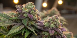 Cannabis buds with purple and green hues, illuminated by warm night light, highlighting trichomes.