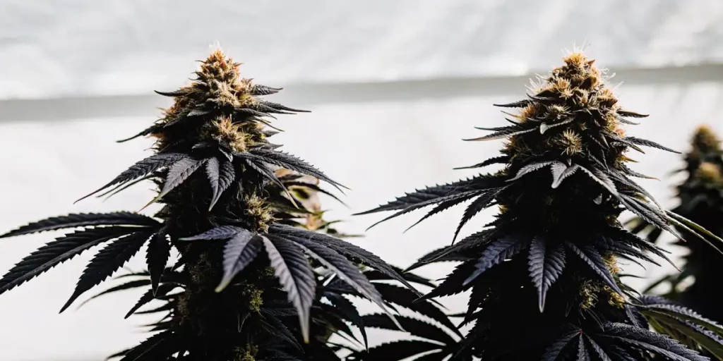 Healthy cannabis plants with purple-hued buds, showcasing trichomes, cultivated under artificial lights.