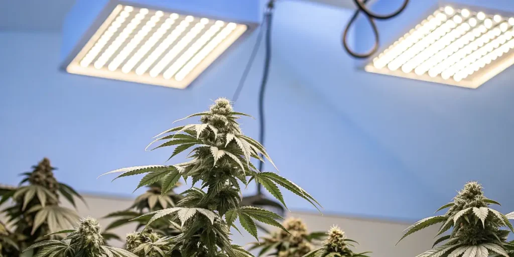 Hyper-realistic illustration of cannabis plants with dense buds under multiple bright overhead grow lights in an indoor setting.