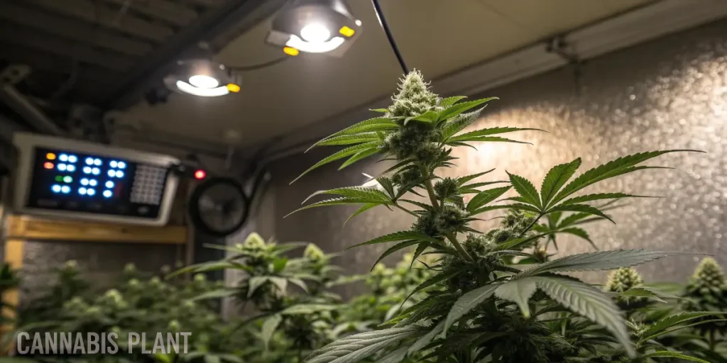 Hyper-realistic illustration of a cannabis plant with buds, under grow lights, with a digital control panel on the wall in a grow room.
