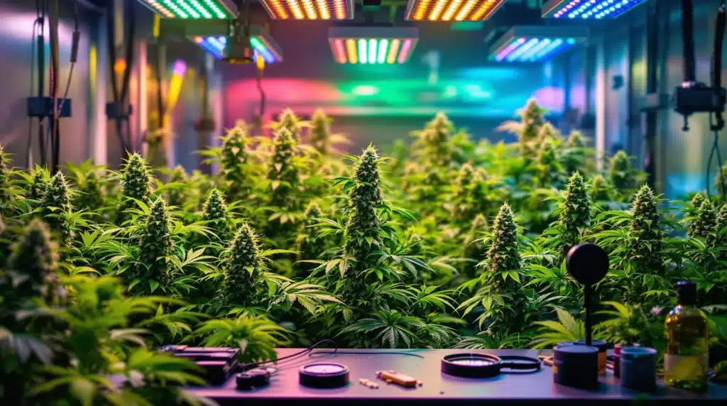 Indoor cannabis plants under LED lights showing trichomes turning cloudy and amber