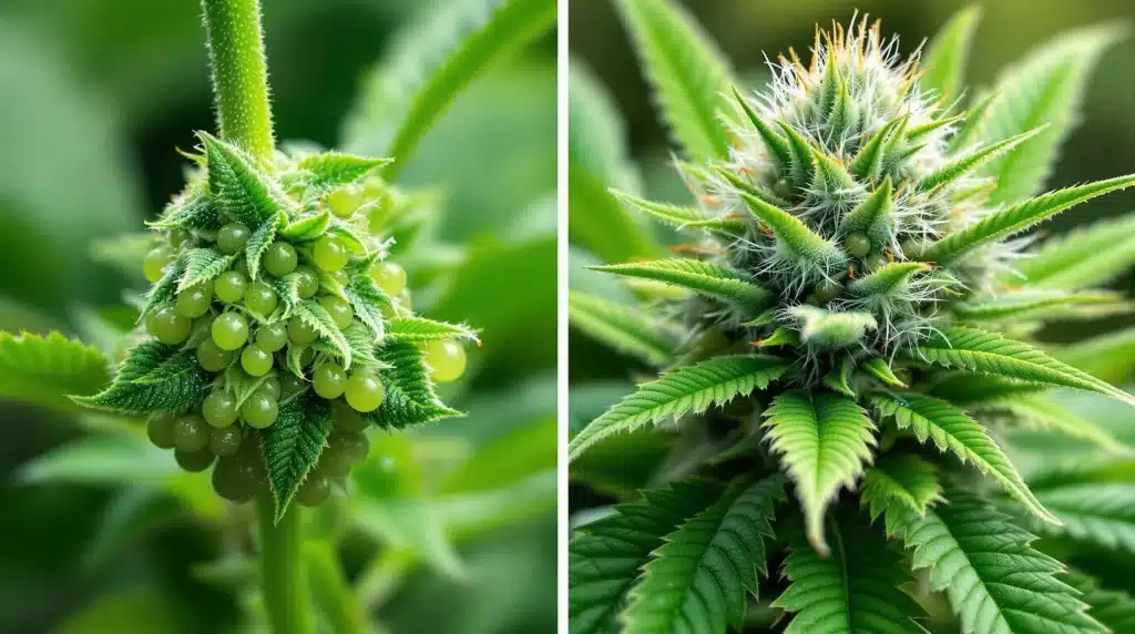 Cannabis plant showing both male and female traits, with pistils and pollen sacs.