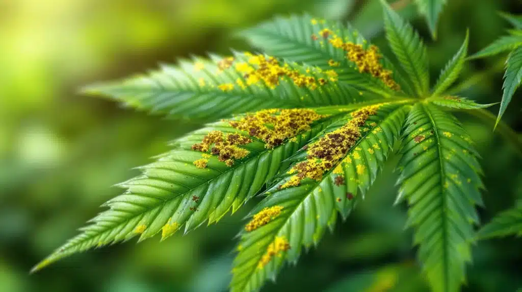 Close-up of cannabis leaves turning yellow with brown spots due to nutrient or pest issues.