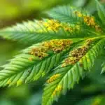 Close-up of cannabis leaves turning yellow with brown spots due to nutrient or pest issues.