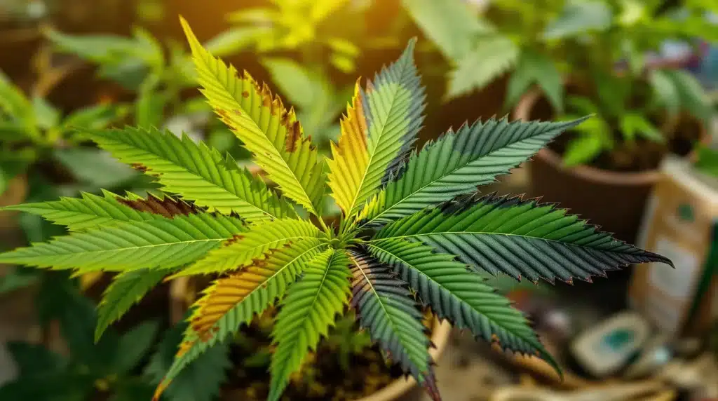 Cannabis leaves showing signs of blackening at the edges, possibly from environmental stress or overfeeding.