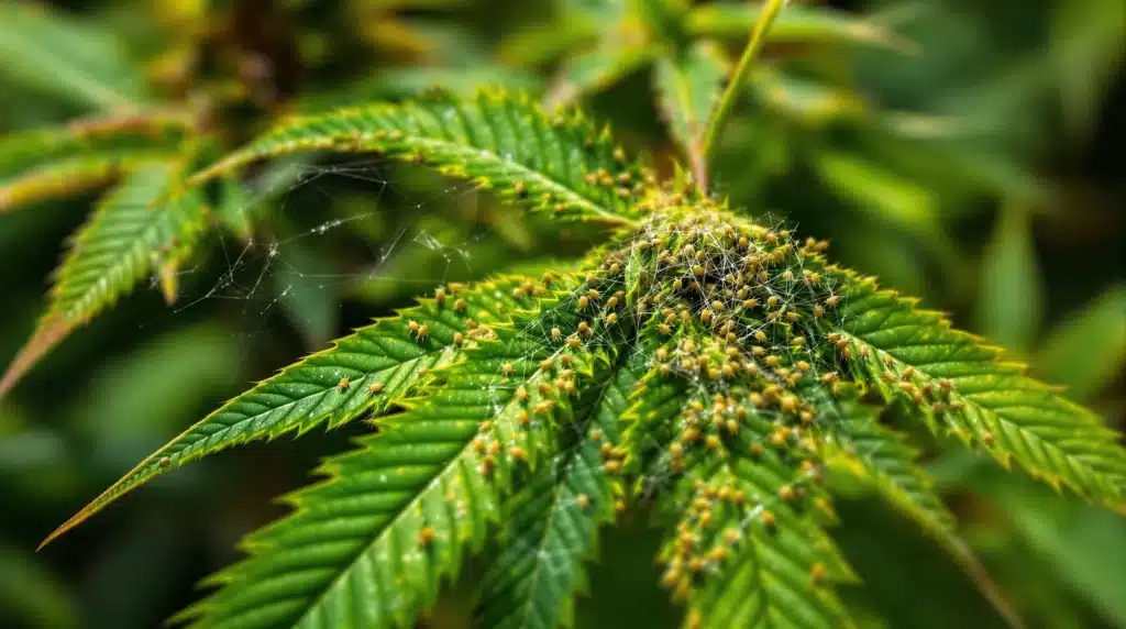 Cannabis leaves turning brown with visible spider mites and webbing.
