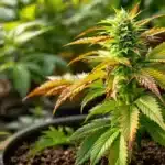 Cannabis plant with brown and yellowing leaves during growth phase.