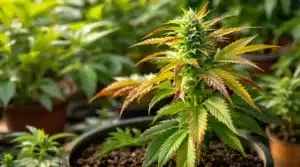 Cannabis plant with brown and yellowing leaves during growth phase.