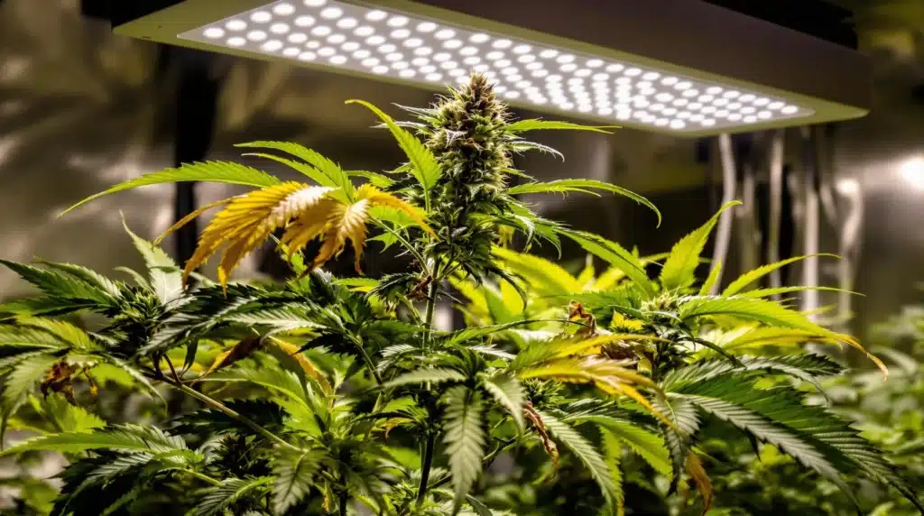Cannabis plant with yellowing and browning leaves under LED lights.